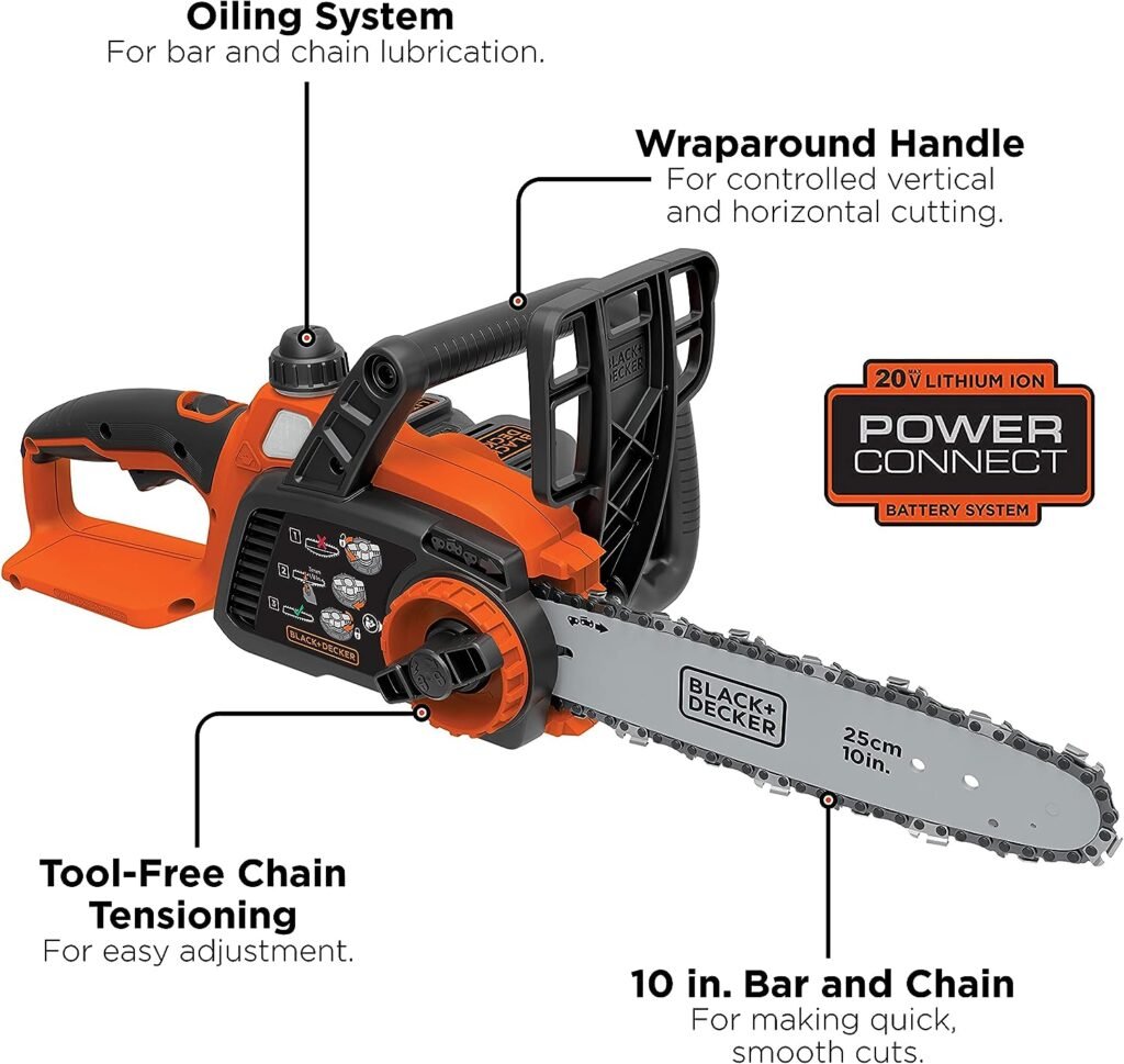 BLACK+DECKER 20V MAX Chainsaw Kit, Cordless, 10 inch, Tool-Free Chain Tensioning, Oil Lubrication System, Battery and Charger Included (LCS1020)