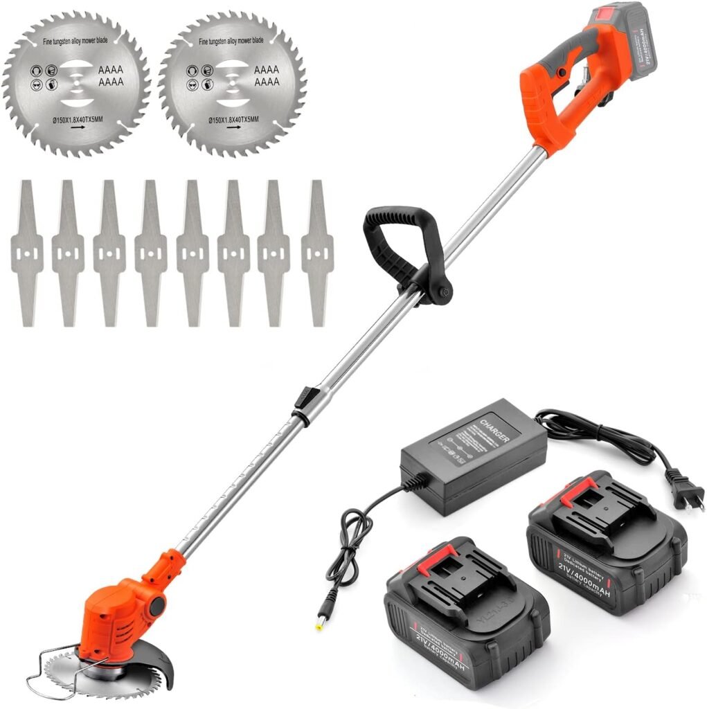 MAXMAN Weed Wacker Grass Trimmer/Edger Battery Powered,21V Cordless Weedeater Lightweight Electric Brush Cutter with 2 Batteries and Charger,10Pcs Metal Blades Lawn Tool for Home Garden Yard Trimming