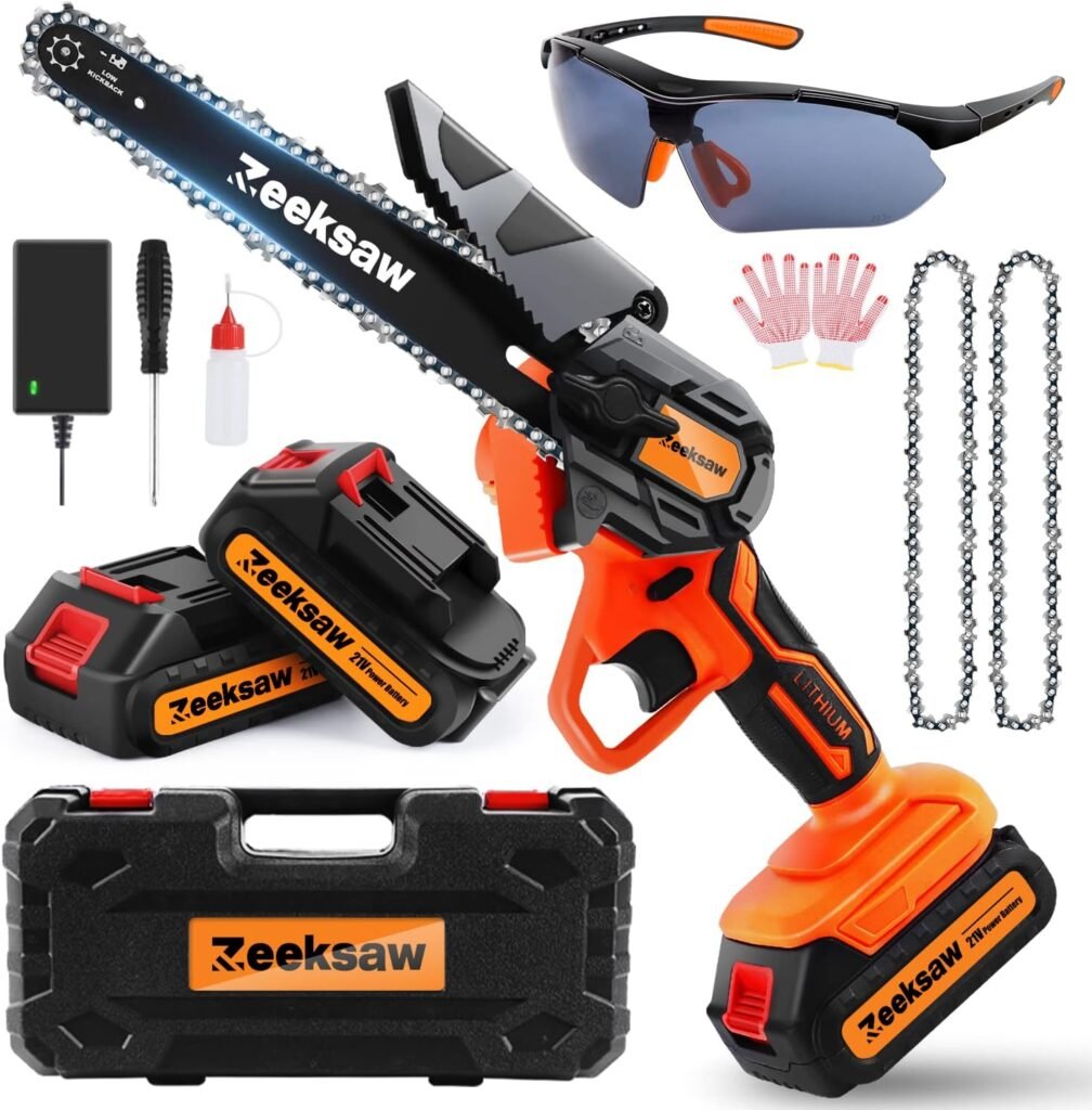 Mini Chainsaw 6 Inch Cordless, Zeeksaw Super Power Hand Chain Saw with batteries, 1 Hour Run-Time Electric Mini Cordless Chainsaw, Handheld Small Chainsaws Battery Powered -Yard Camping -Time Saver