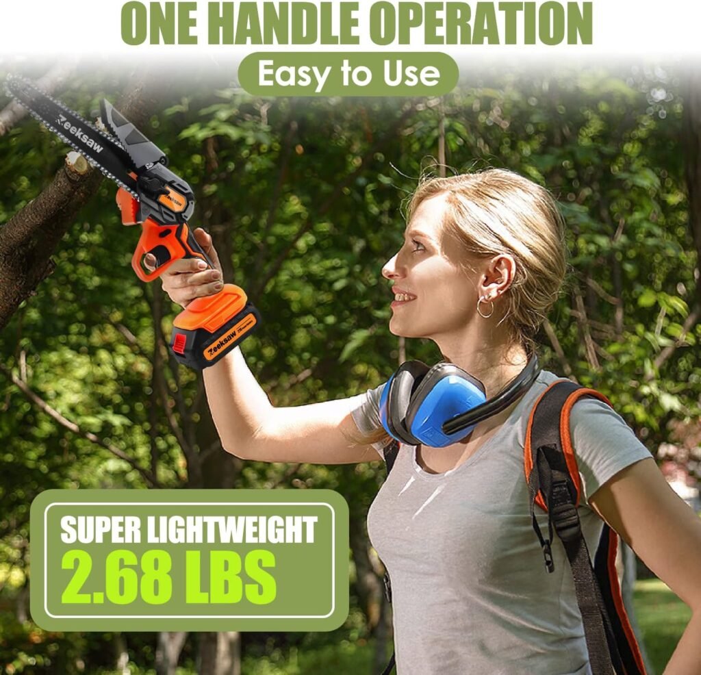 Mini Chainsaw 6 Inch Cordless, Zeeksaw Super Power Hand Chain Saw with batteries, 1 Hour Run-Time Electric Mini Cordless Chainsaw, Handheld Small Chainsaws Battery Powered -Yard Camping -Time Saver