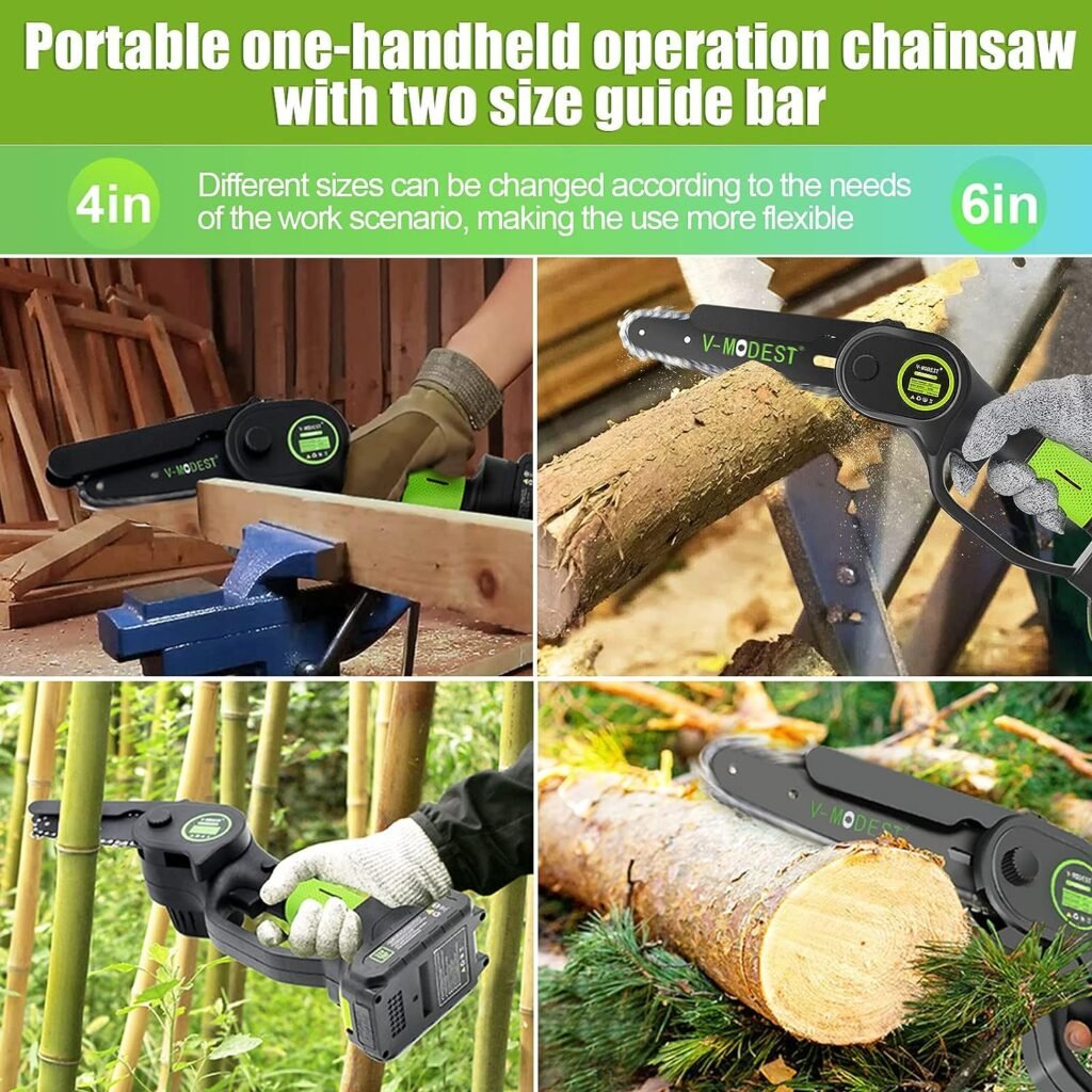 Mini Chainsaw Cordless 6-inch 4-inch, V-MODEST Brushless One-Handheld Electric Chain Saw with 2x21V Batteries Powered, 23.4FT/s, Security Lock for Wood Cutting Tree Pruning(also for women)