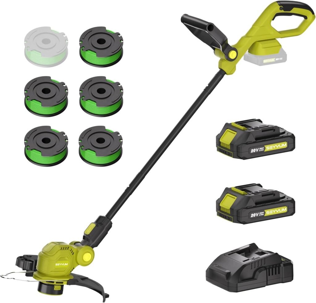 SEYVUM String Trimmer,12-inch Cordless Weed Wacker with Auto Line Feed, 2 X 2.0Ah Battery Powered Weed Eater, 20V Lawn Edger with 6 Pcs Grass Cutter Spool Line, Fast Charger Included