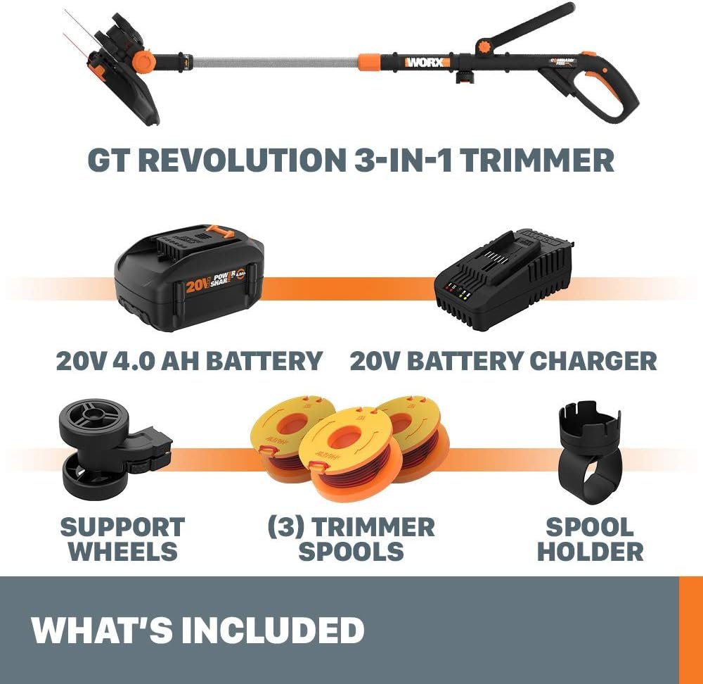 Worx GT Revolution 20V 12 String Trimmer Grass Trimmer/Edger/Mini-Mower, WG170.3