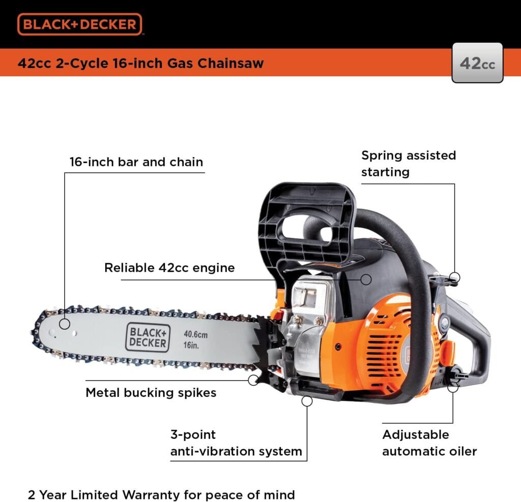 BLACK+DECKER Gas Powered Chainsaw, 16-inch, 42cc, 2-Cycle (BXGCS1642P)